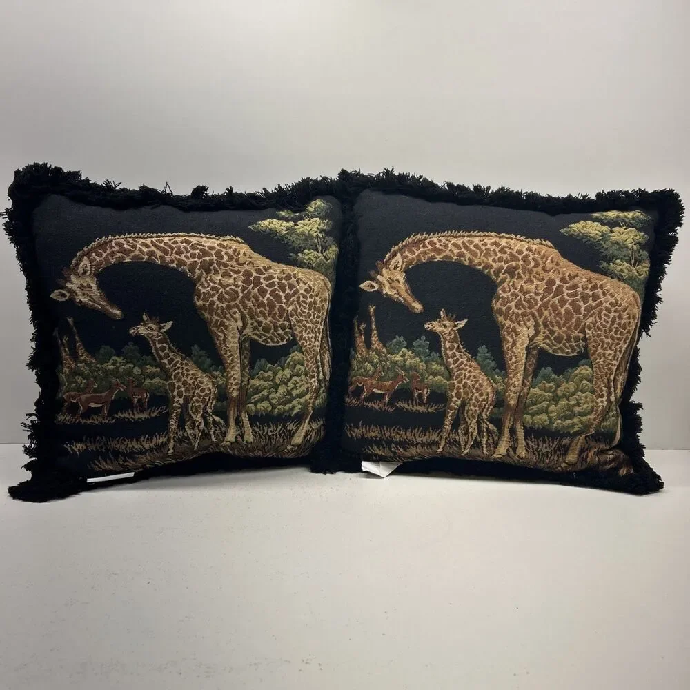 Vintage Pair Of Tapestry Pillow Giraffes‎ Safari 16” Black Fringe Ashford Court